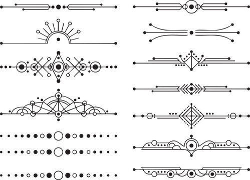 Complex geometric dividers with celestial and mystical motifs for artistic book design including sun rays and moon phases linear elements decorative horizontal borders for spiritual themed layouts.