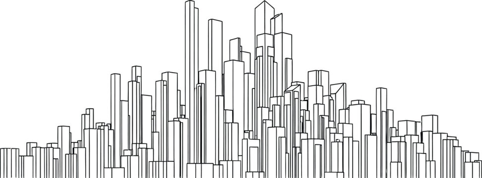 Linear cityscape sketch minimalist black and white architectural illustration of a modern metropolitan skyline