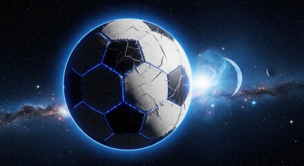 Fototapeta premium Futuristic Soccer Ball Planet Floating in Deep Outer Space with Glowing Blue Lines and Galactic Background