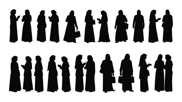 Collection of veiled women silhouettes in various poses against a white background silhouette figure human people woman female person group