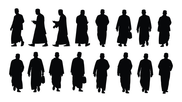 Collection of male figures in traditional longyi garments black silhouette against a white background men males people individuals human sarong