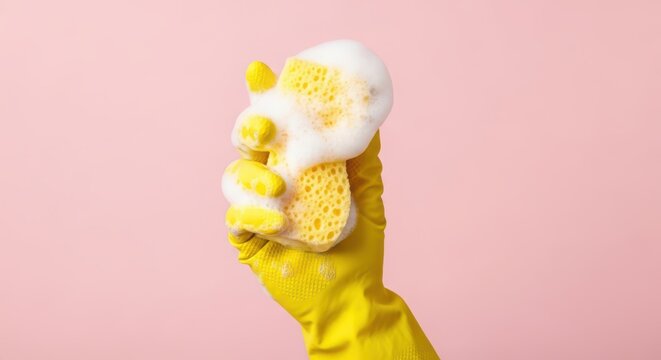 Hand in a yellow rubber glove holding a soapy sponge with foam
