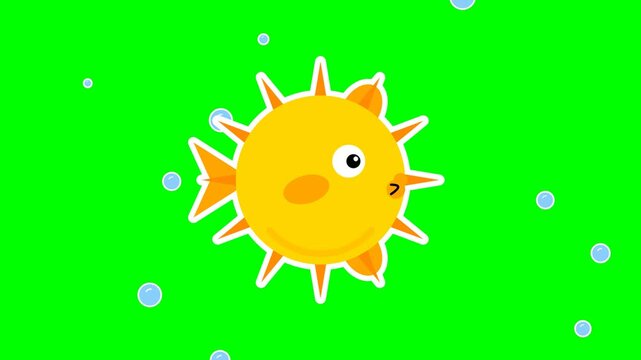 Cute Cartoon Pufferfish Character Swimming on a Green Screen Background for Easy Video Composition
