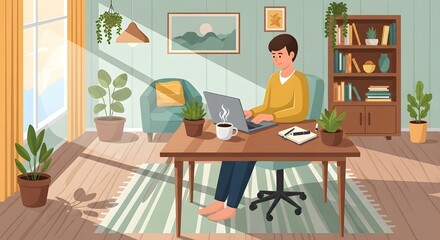 Fototapeta premium Woman working on laptop at home office with natural light and indoor plants