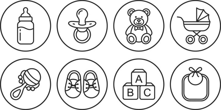 Baby icons, nursery symbols, vector set, black and white, 8 elements