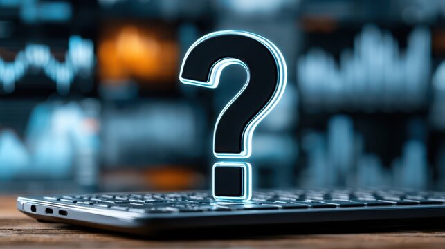 A glowing question mark hovering above a laptop keyboard symbolizes curiosity, inquiry, and problem-solving in a tech environment.