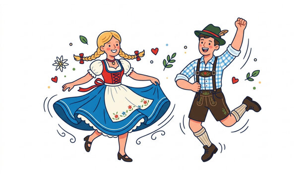 Happy Bavarian Folk Dance Couple with Dirndl and Lederhosen Vector Characters