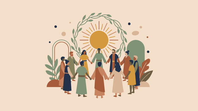 Diverse group of people holding hands in a circle under a sun and leafy wreath in boho style, perfect for community posters, diversity campaigns and spiritual concepts