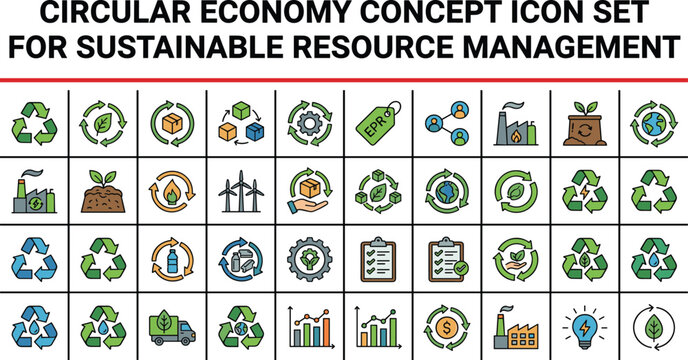 Circular economy concept icon set for sustainable resource management featuring recycling green production and zero waste lifestyle elements