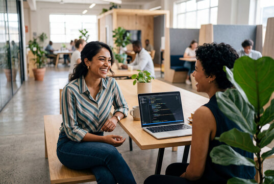 Two young diverse female software developers smiling and talking across table in modern office