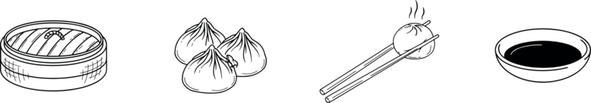 Minimalist Dim Sum Line Icon Set featuring Bamboo Steamer, Chinese Dumplings, Chopsticks holding Baozi, and Soy Sauce Bowl for Asian Restaurant Menu Designs