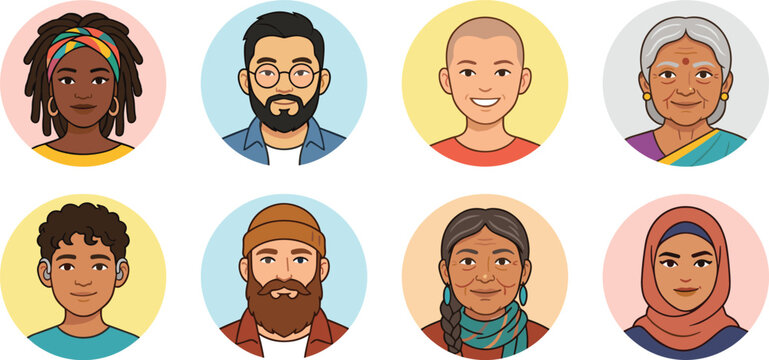 Diverse Portrait Illustration Set with Hairstyles, Clothing, and Cultural Accessories