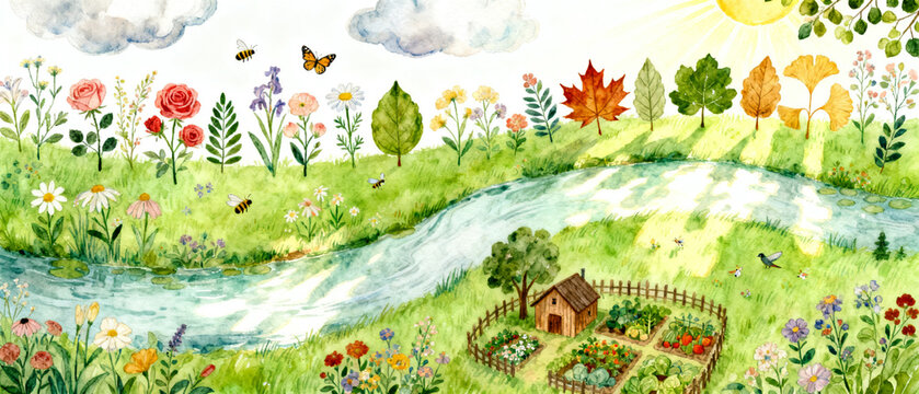 Whimsical Botanical Garden Watercolor Art