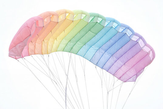 Colorful rainbow parafoil kite flying against a clear white sky