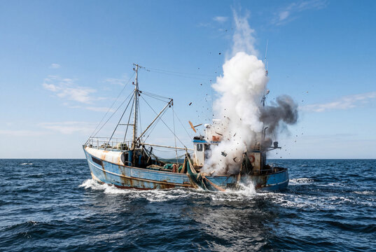 Commercial fishing trawler explosion on open blue sea