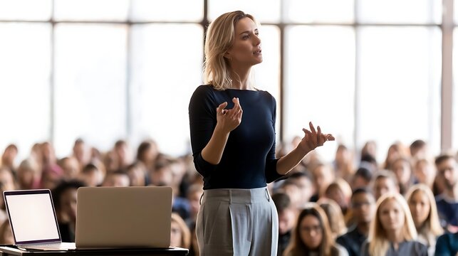 Confident Woman Speaker Presenting to Audience in Conference Hall.