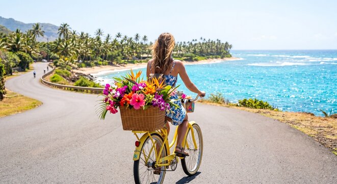 Woman riding a yellow bicycle with a basket of colorful tropical flowers along a scenic coastal ocean road on a sunny day