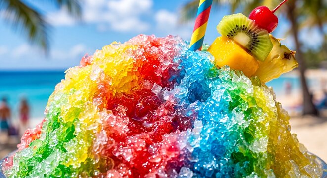 Vibrant rainbow shaved ice, a refreshing and colorful tropical dessert, perfect for enjoying a sunny day on a beautiful beach vacation