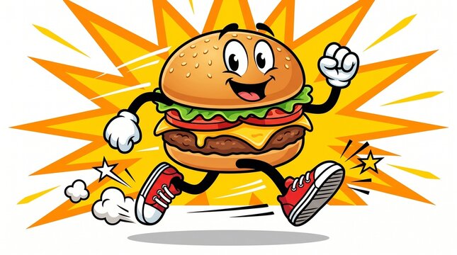 A vibrant vector cartoon of an energetic anthropomorphic hamburger character wearing red sneakers and white gloves, running forward excitedly against a comic book style explosion backdrop.