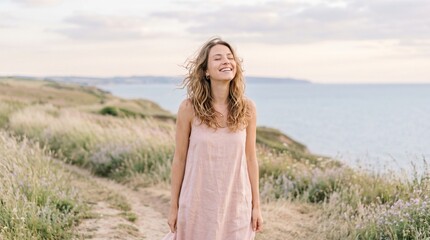 Obraz premium Young woman laughing joyfully on a coastal path with ocean in background