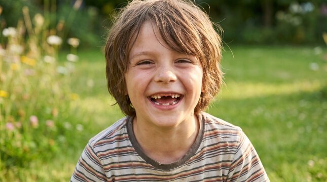 Joyful young boy with missing front teeth laughing outdoors in a sunny garden
