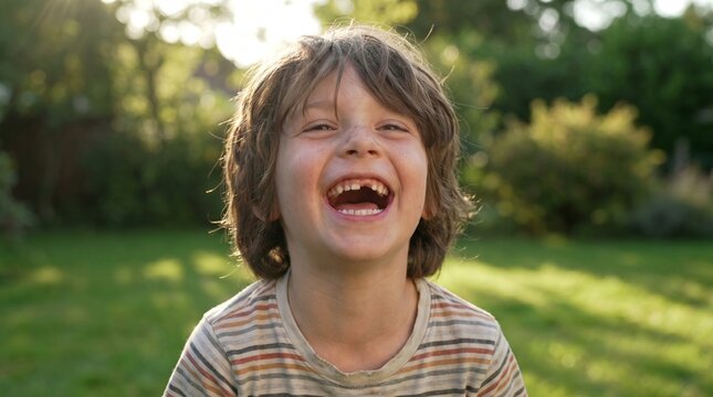 Joyful young boy with missing front tooth laughing outdoors in sunlight