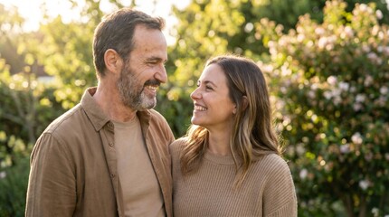 Fototapeta premium Happy middle aged couple smiling at each other outdoors in sunlight