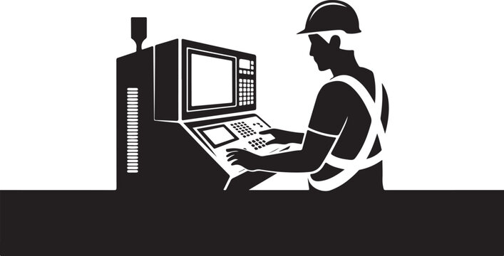 Worker operating cnc machine control panel