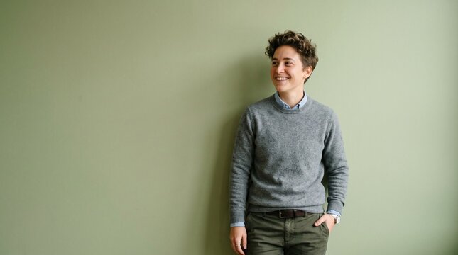 Smiling person with curly hair wearing a grey sweater and green pants leaning against a light green wall