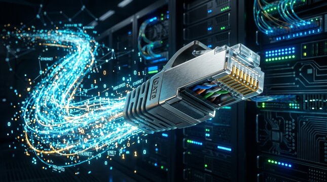 High speed ethernet cable connector with glowing digital data stream in server room datacenter