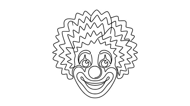 Continuous line drawing of a smiling clown face with curly hair and red nose