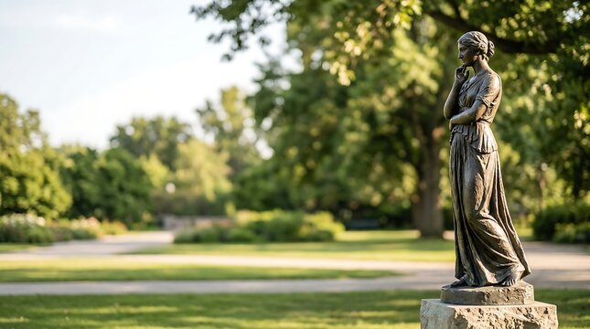 Bronze statue of a woman in a pensive pose in a lush public park