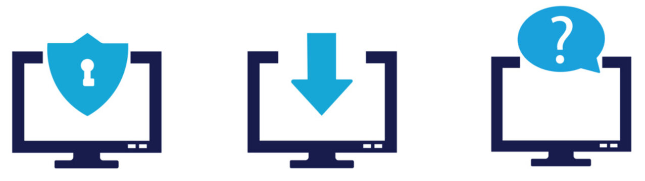 Computer monitors with security shield, download arrow, and question mark icons on white