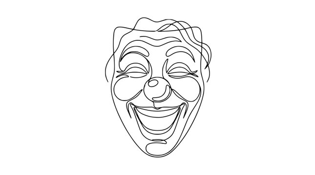 Continuous line drawing of a happy clown mask, minimalist art, symbol of joy and laughter.