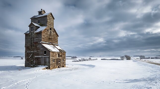 Old wooden grain elevator in a snowy winter field