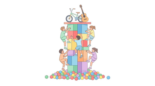 colorful illustration of children building a tower with blocks and playing with balls
