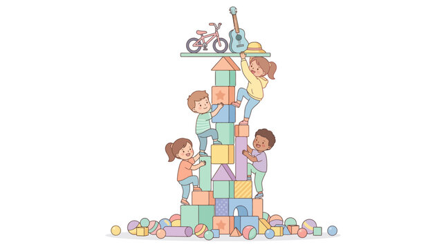 Children building a tall block tower with colorful blocks and toys