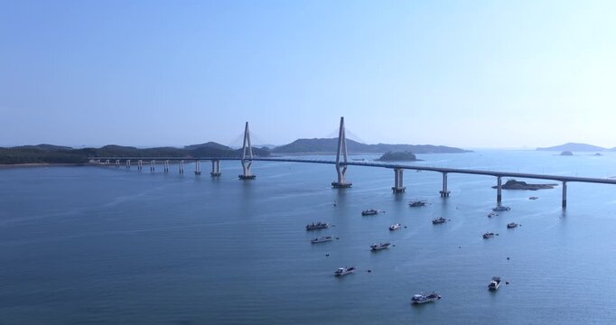 Aerial View of Wonsan Anmyeon Bridge over the Blue West Sea