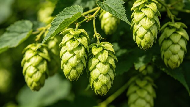 Mature green hops cones on vine