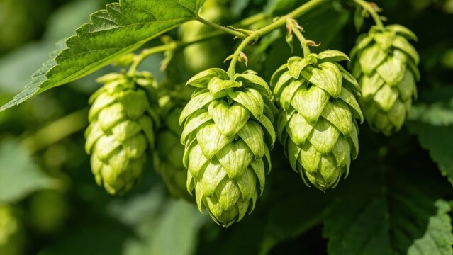 Mature green hops cones on vine