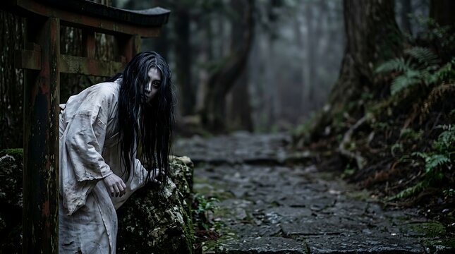 Ghostly woman in white robe haunting a dark forest by a wooden gate
