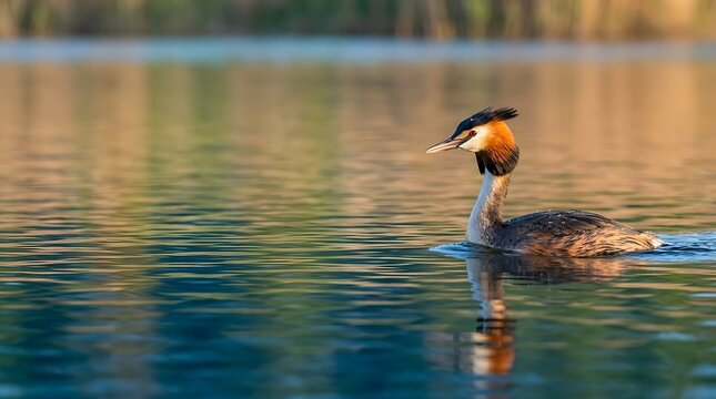 Great crested grebe swimming on a calm lake at sunset