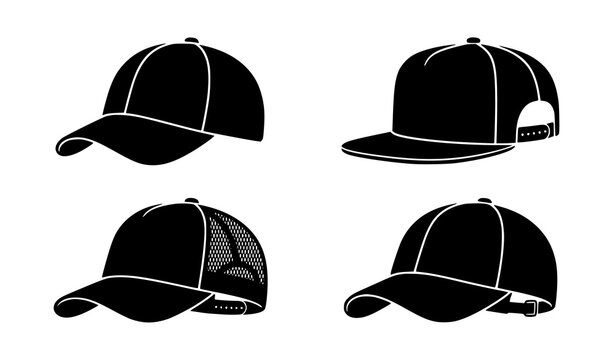 Set of four minimalist baseball cap silhouettes in black and white vector illustration on white background
