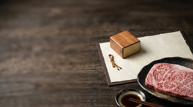 Raw marbled wagyu beef steak on dark wooden table