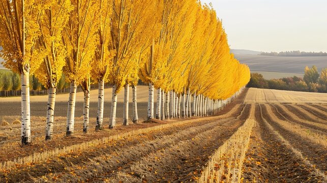 Golden shelterbelt trees across autumn farmland
