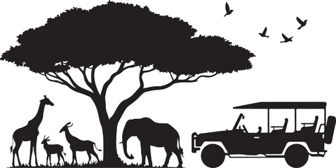 African savanna animals and safari vehicle illustration © Masud