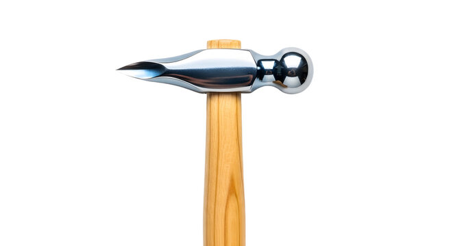 Closeup of a silversmiths chasing hammer with a polished metal head and wooden handle, isolated on white background