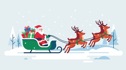 Fototapeta premium Flat vector illustration of Santa Claus in a green sleigh filled with gifts being pulled by two reindeer across a snowy winter landscape with stylized trees and falling snow.