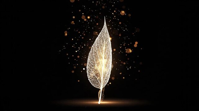 Illuminated white leaf skeleton on black background, surrounded by golden sparkles, glowing