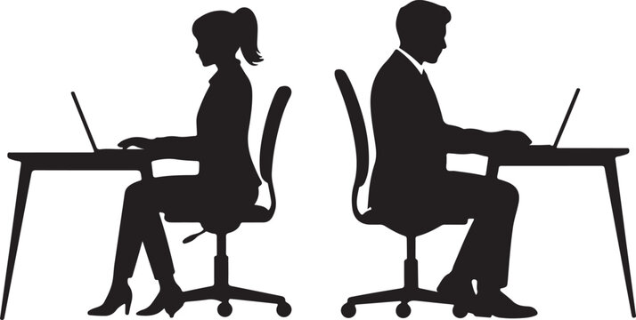 Two professionals working on laptops at desks